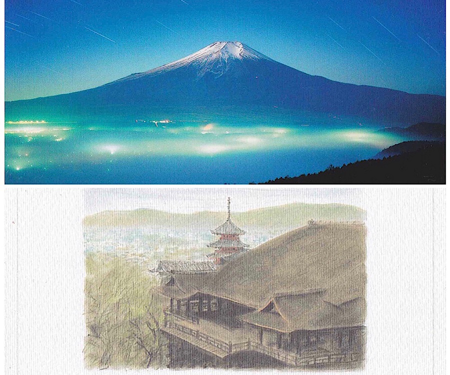 富士山の夜景と清水寺のイラスト